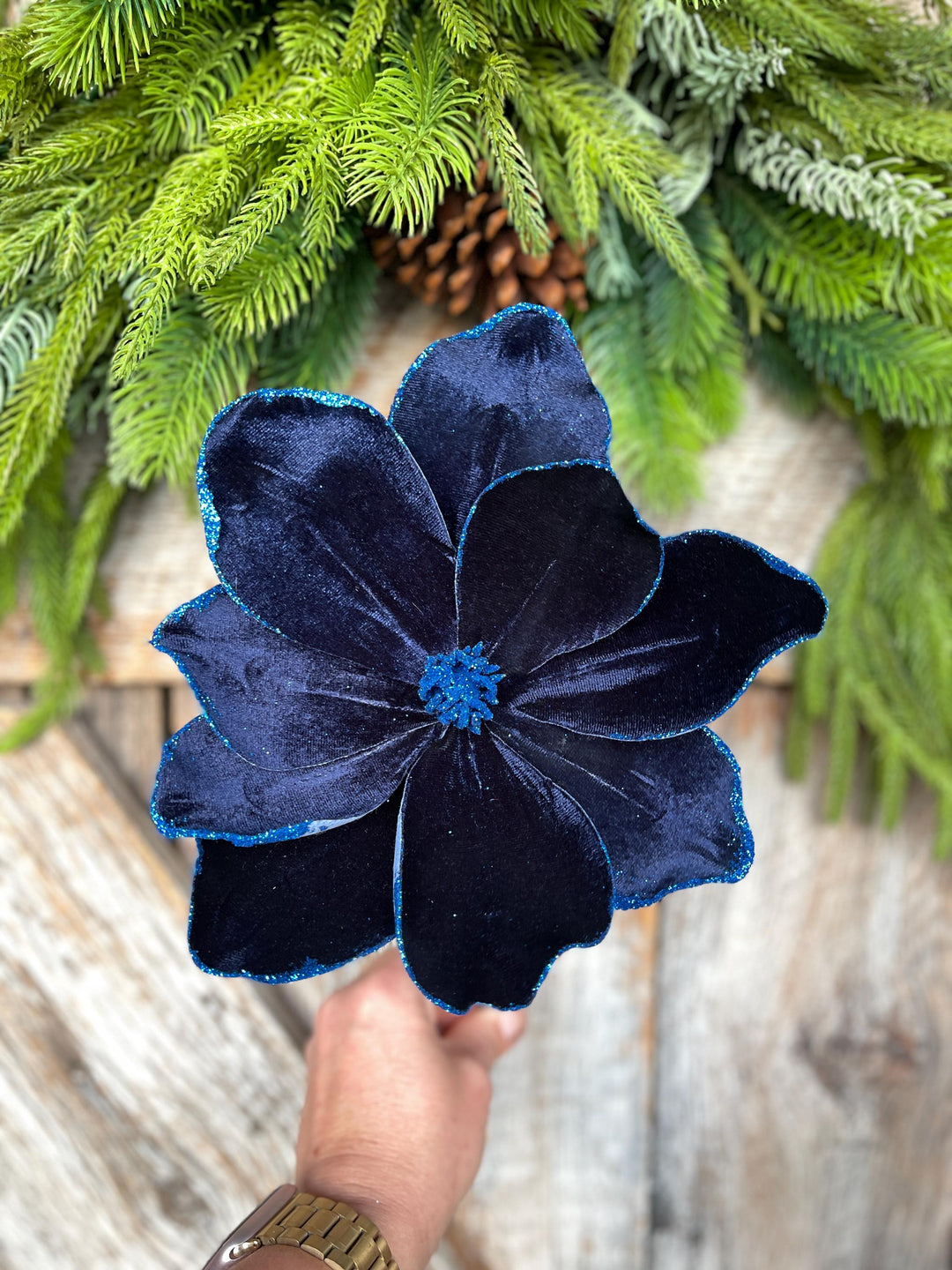 Navy Blue Velvet Magnolia Stem: Glitter Christmas Decor, 19"