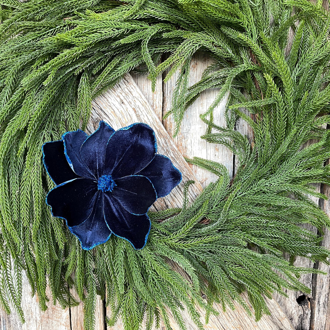 Navy Blue Velvet Magnolia Stem: Glitter Christmas Decor, 19"
