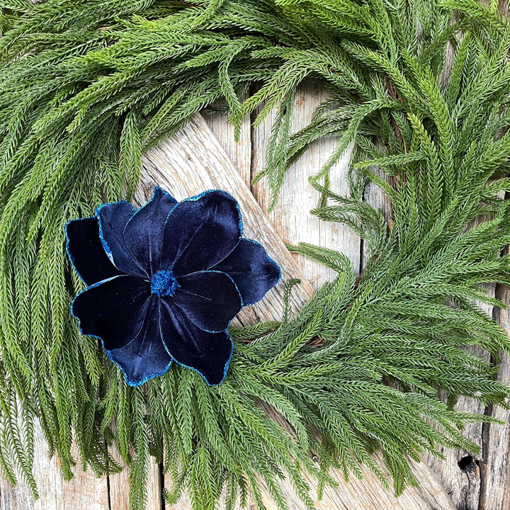 Navy Blue Velvet Magnolia Stem: Glitter Christmas Decor, 19"
