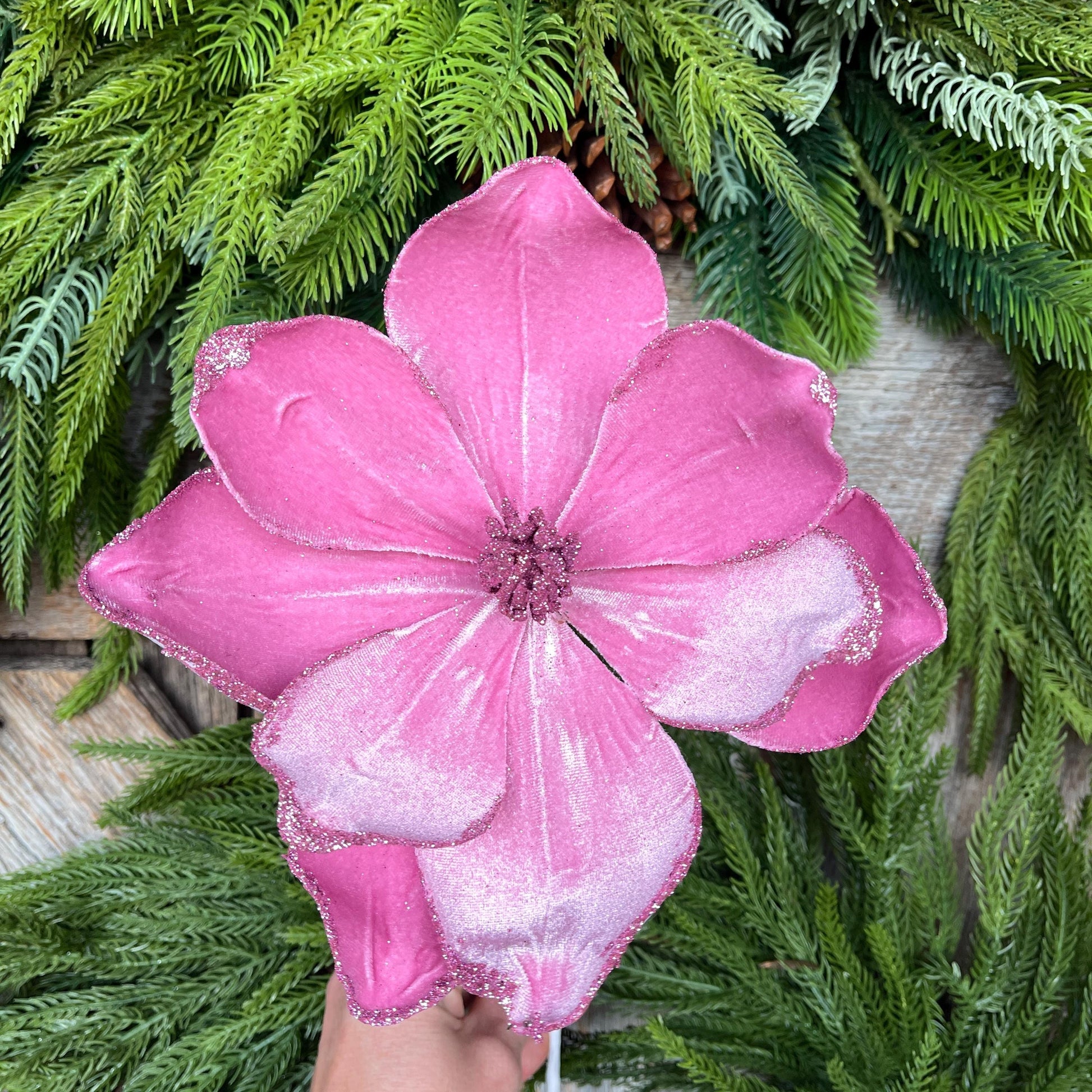 18" Pink Mauve Magnolia Floral, Christmas Magnolia Stem, Pink Velvet Magnolia Spray