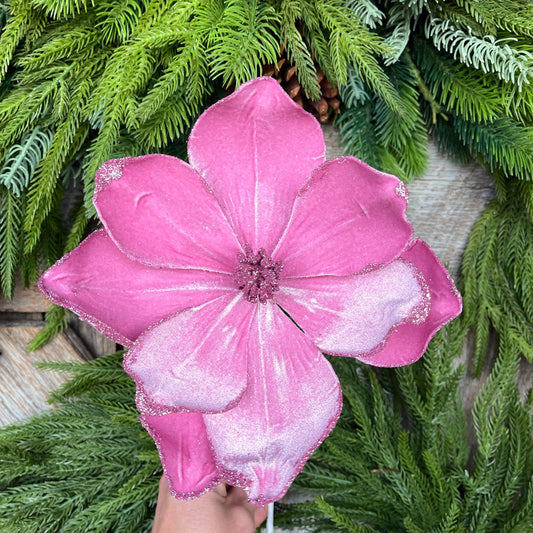 18" Pink Mauve Magnolia Floral, Christmas Magnolia Stem, Pink Velvet Magnolia Spray