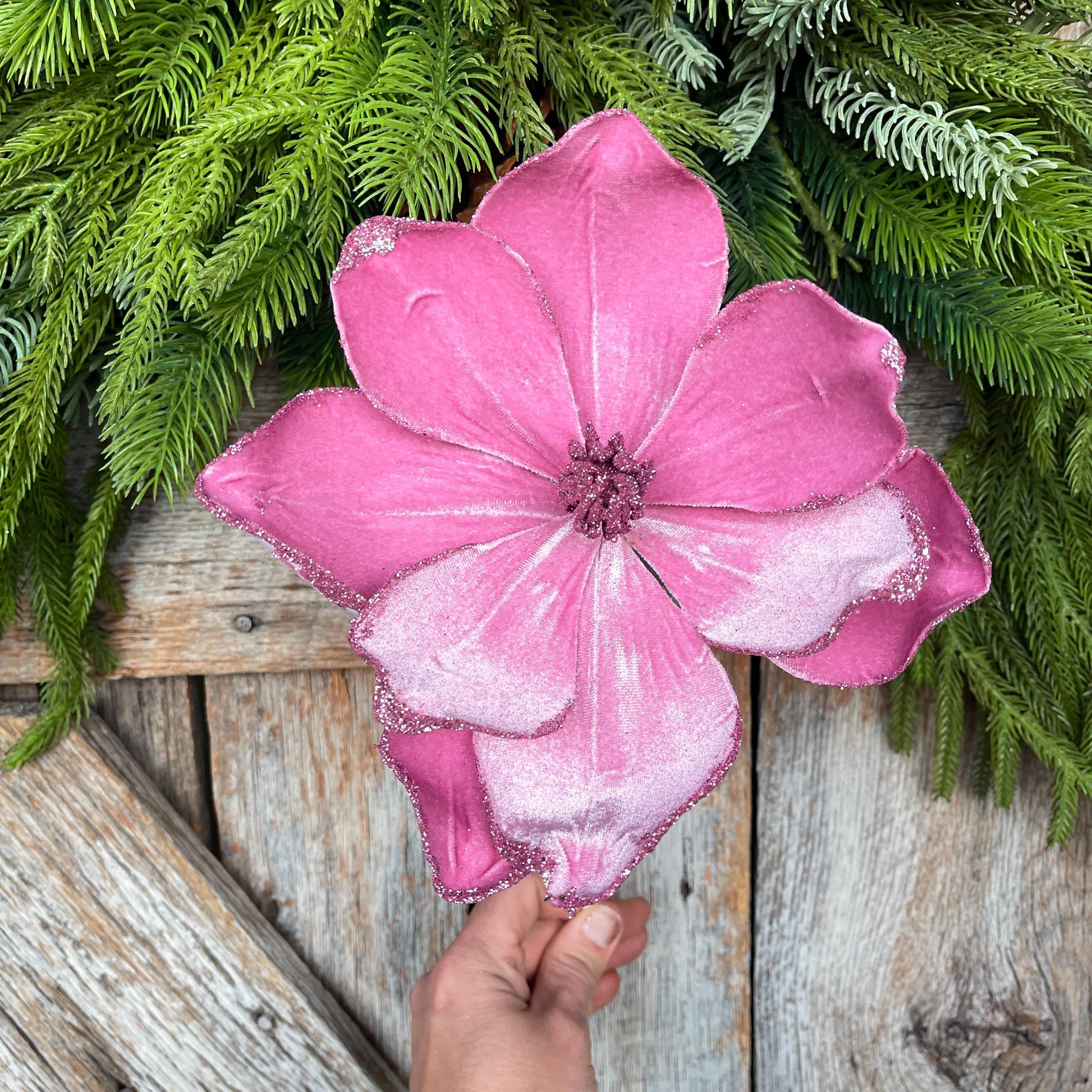 18" Pink Mauve Magnolia Floral, Christmas Magnolia Stem, Pink Velvet Magnolia Spray