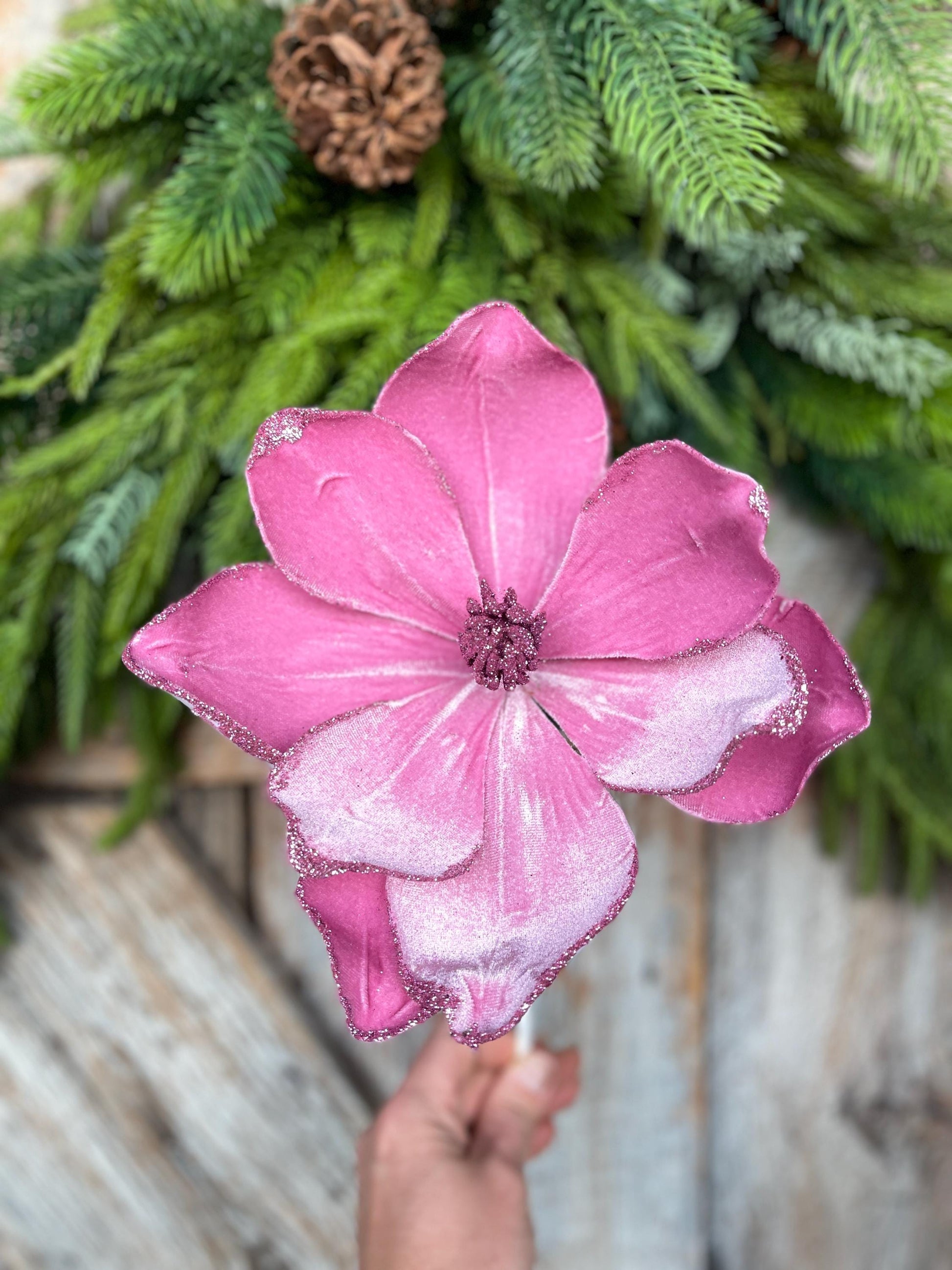 Pink Velvet Magnolia Stem: 18" Christmas Floral Spray
