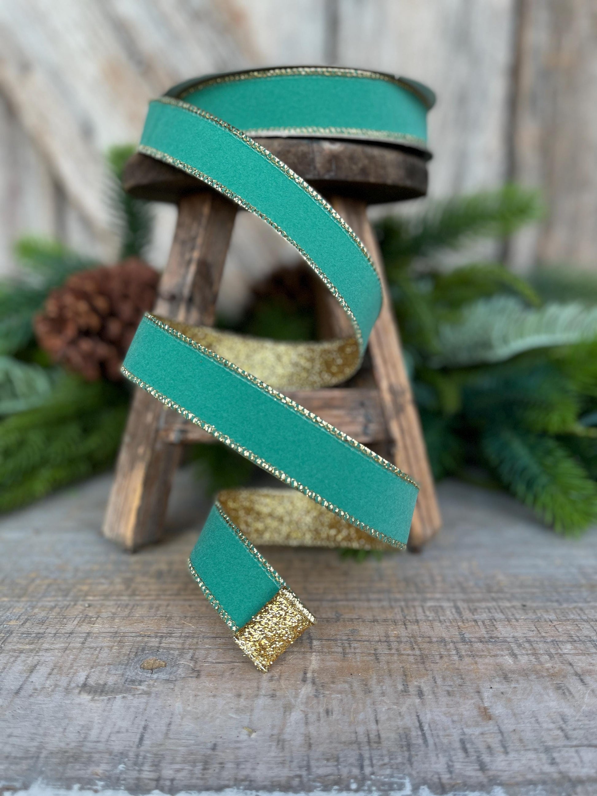 1" Teal Gold Gleam Ribbon, Farrisilk Ribbon, Wired Ribbon