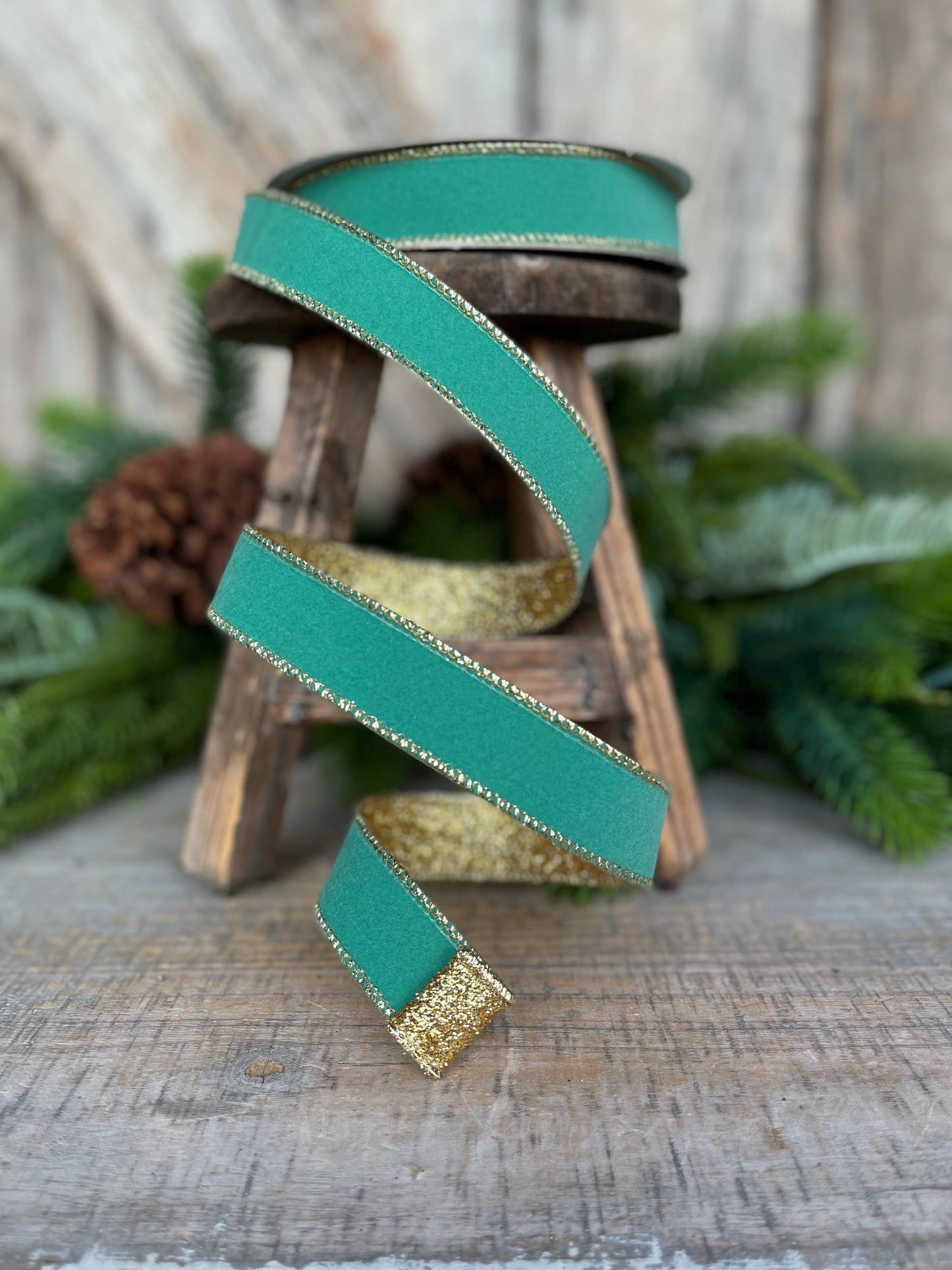 1" Teal Gold Gleam Ribbon, Farrisilk Ribbon, Wired Ribbon