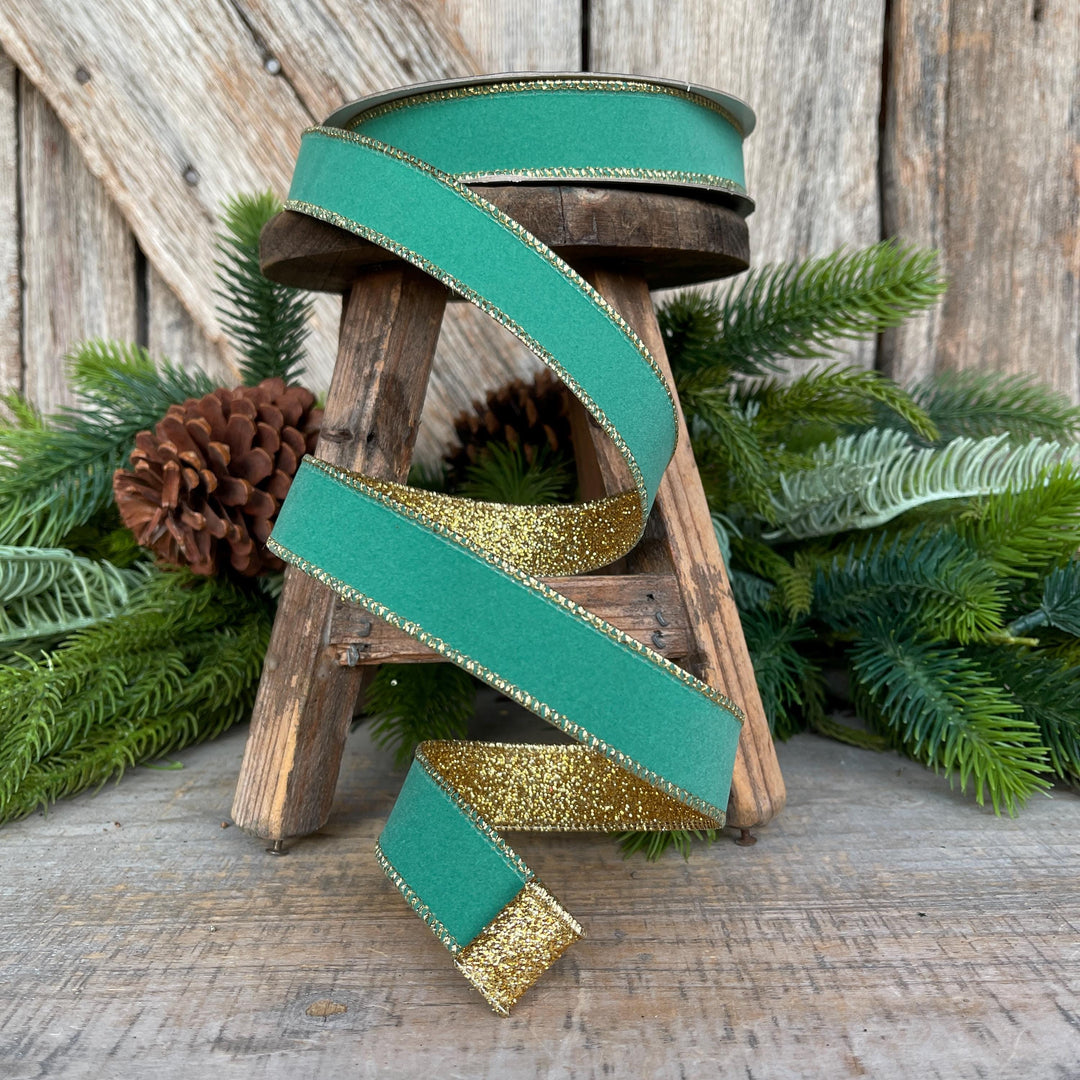 1" Teal Gold Gleam Ribbon, Farrisilk Ribbon, Wired Ribbon