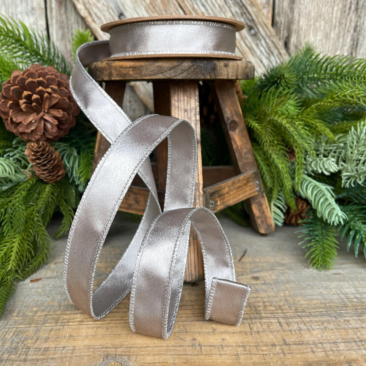 1" Silver Shimmer Satin Ribbon, Silver Satin Ribbon, Wired Ribbon