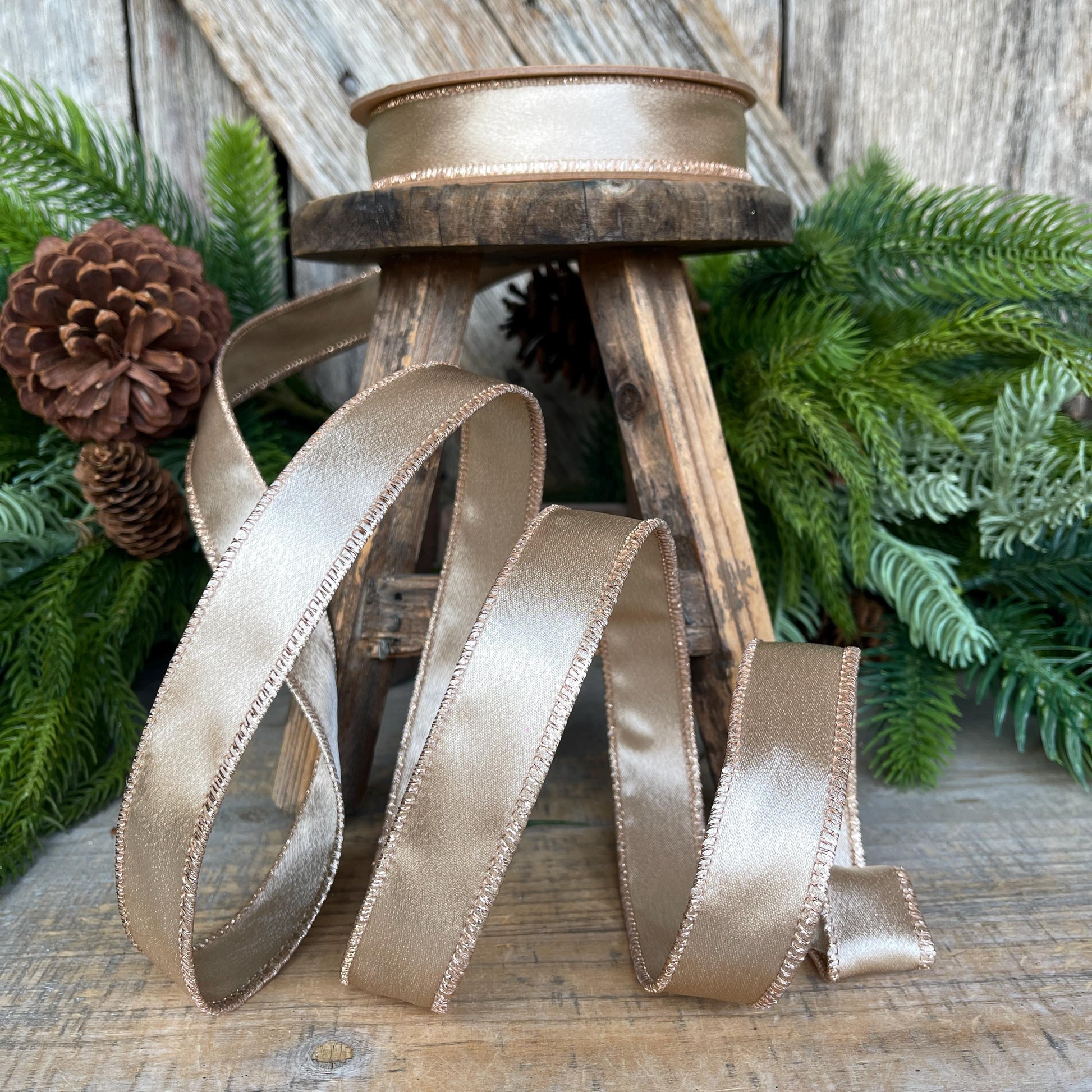 1" Champagne Gold Satin Ribbon, Christmas Ribbon, Shimmer Satin Ribbon, Wired Ribbon, Gold Ribbon