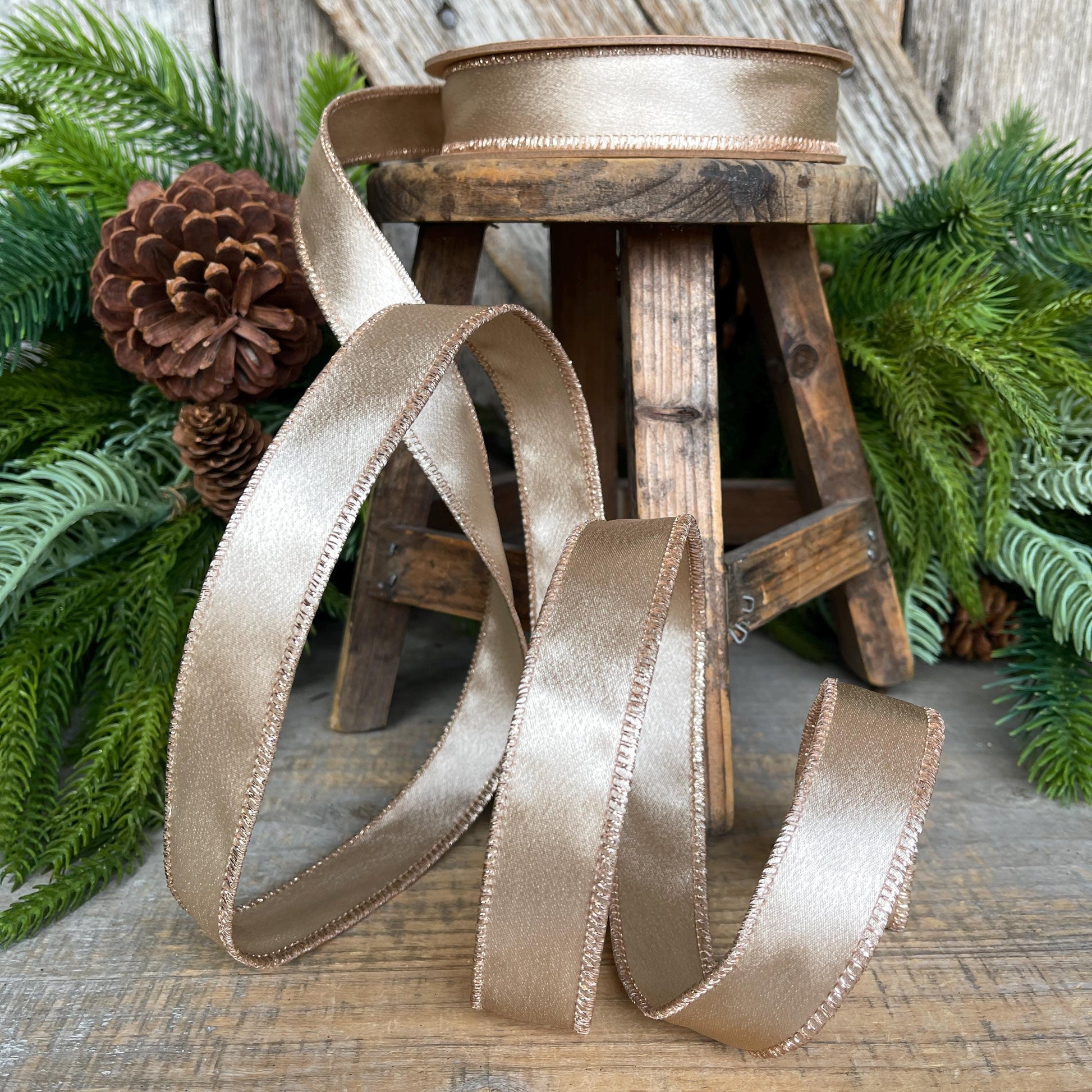 1" Champagne Gold Satin Ribbon, Christmas Ribbon, Shimmer Satin Ribbon, Wired Ribbon, Gold Ribbon