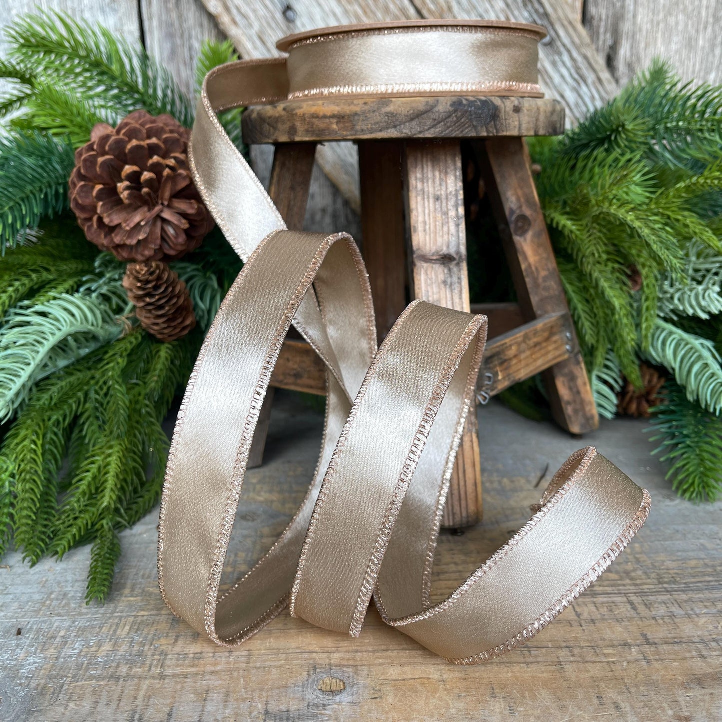 1" Champagne Gold Satin Ribbon, Christmas Ribbon, Shimmer Satin Ribbon, Wired Ribbon, Gold Ribbon