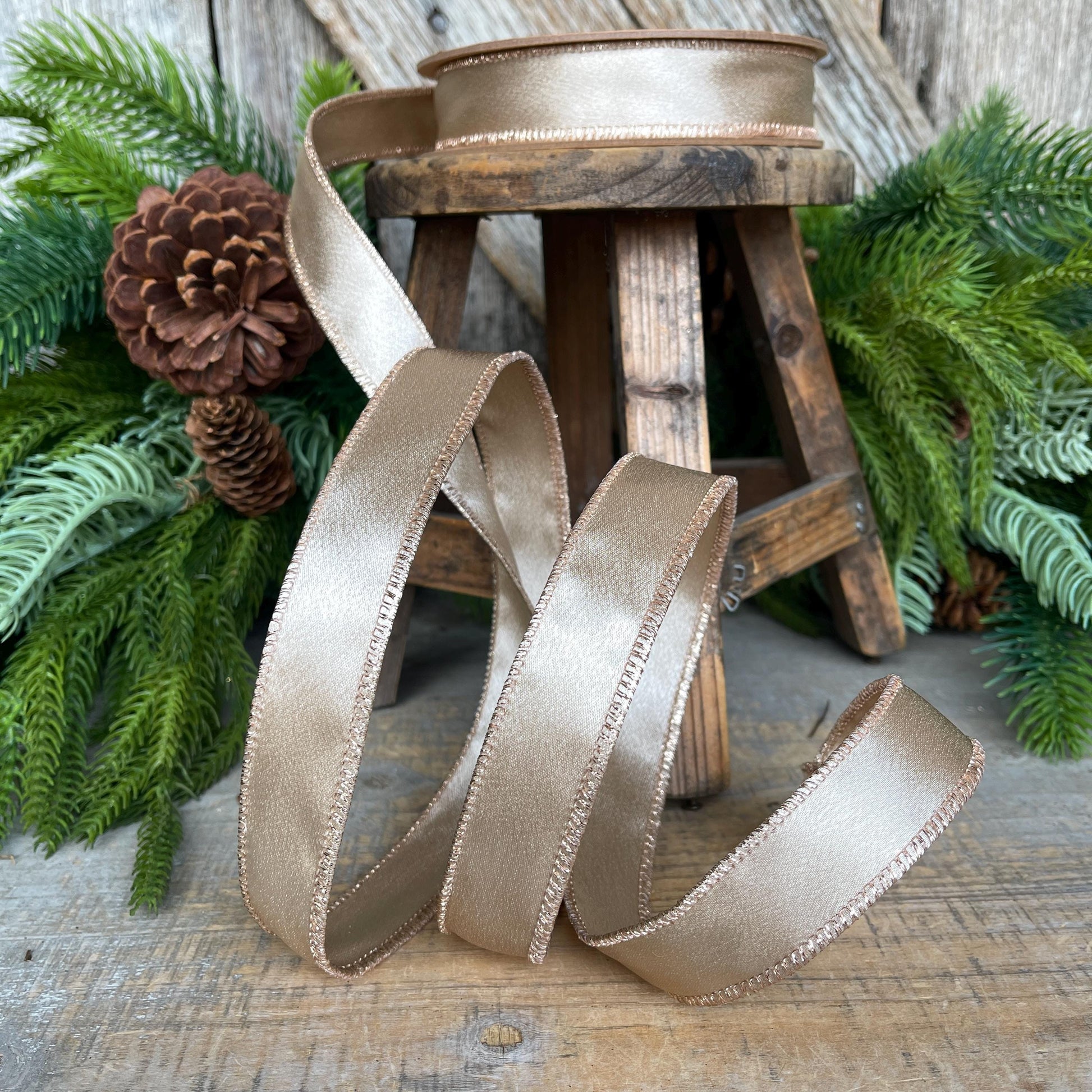 1" Champagne Gold Satin Ribbon, Christmas Ribbon, Shimmer Satin Ribbon, Wired Ribbon, Gold Ribbon