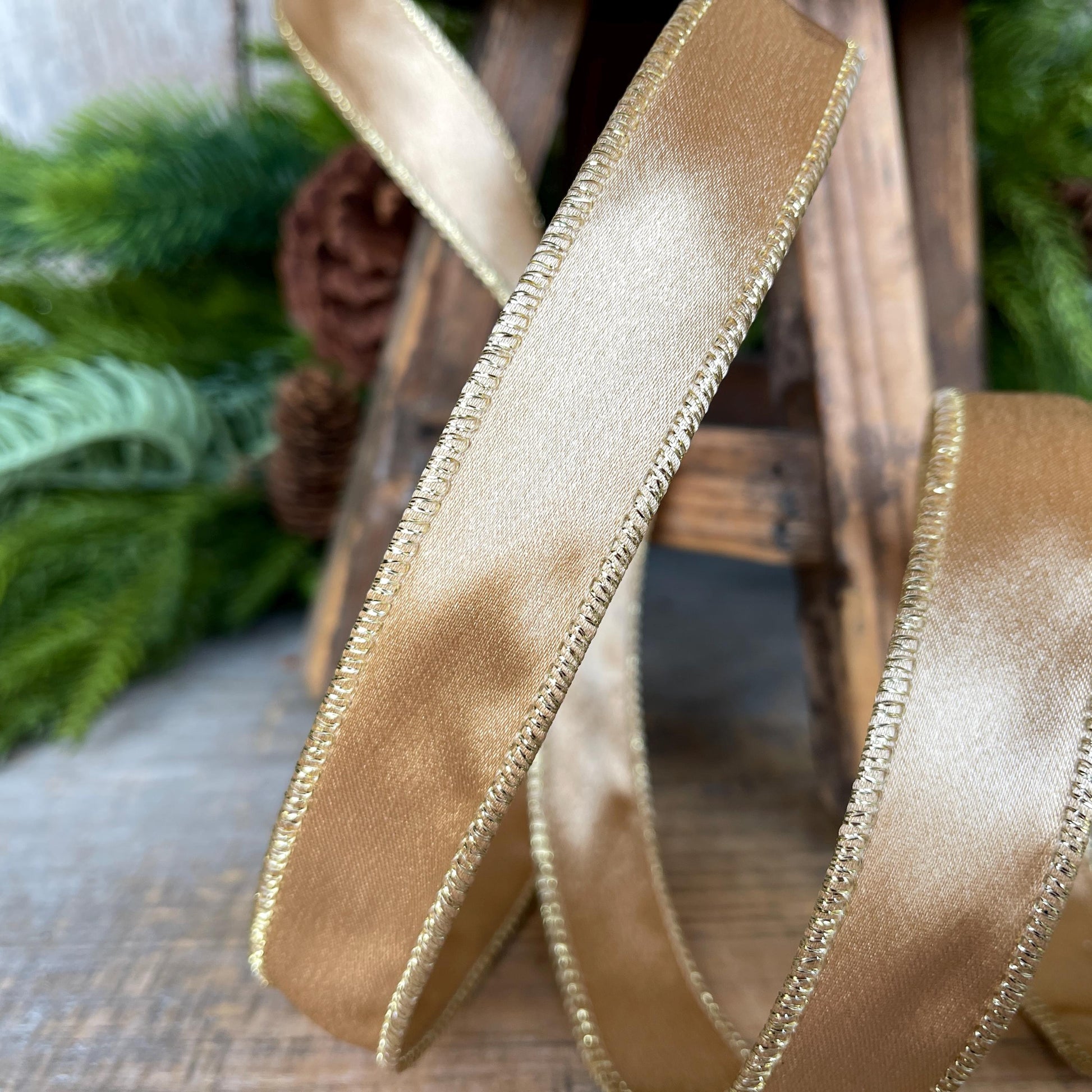 1" Gold Satin Ribbon, Gold Christmas Ribbon, Gold Shimmer Satin Ribbon, Wired Ribbon, Gold Ribbon
