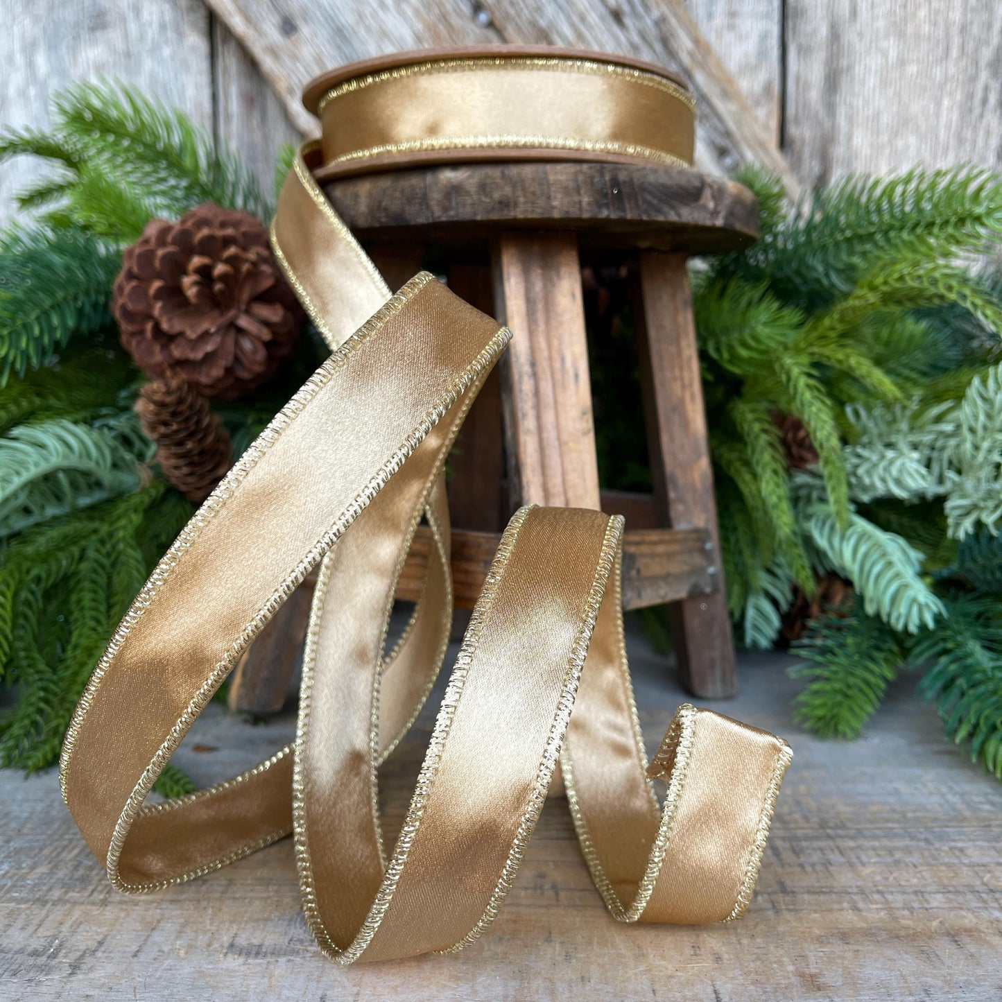 1" Gold Satin Ribbon, Gold Christmas Ribbon, Gold Shimmer Satin Ribbon, Wired Ribbon, Gold Ribbon