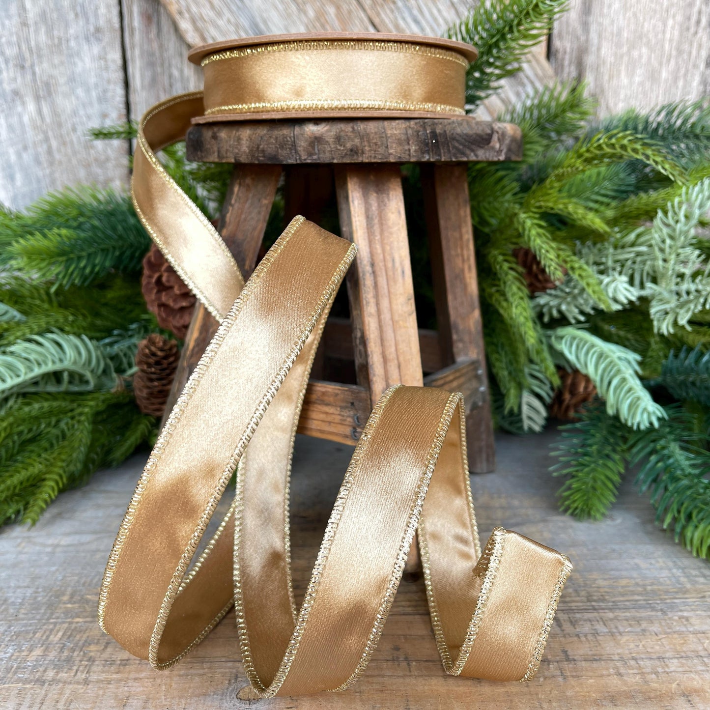 1" Gold Satin Ribbon, Gold Christmas Ribbon, Gold Shimmer Satin Ribbon, Wired Ribbon, Gold Ribbon