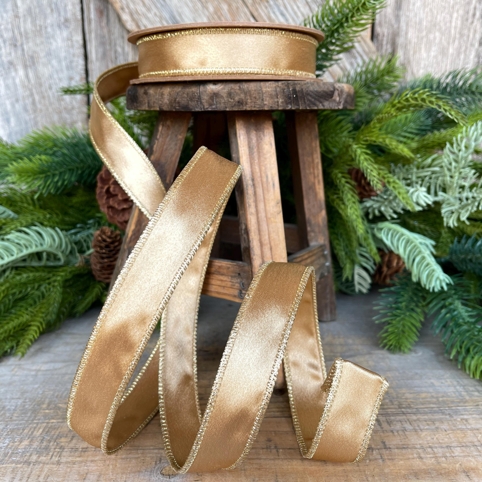 1" Gold Satin Ribbon, Gold Christmas Ribbon, Gold Shimmer Satin Ribbon, Wired Ribbon, Gold Ribbon