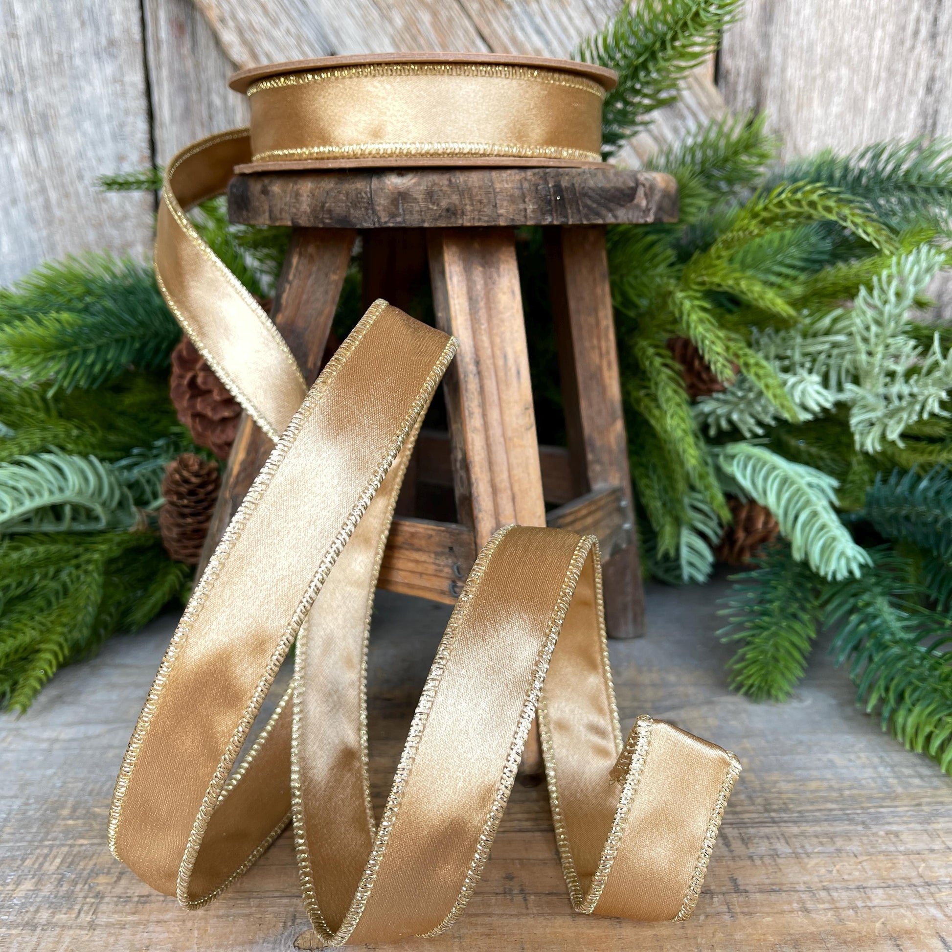 1" Gold Satin Ribbon, Gold Christmas Ribbon, Gold Shimmer Satin Ribbon, Wired Ribbon, Gold Ribbon