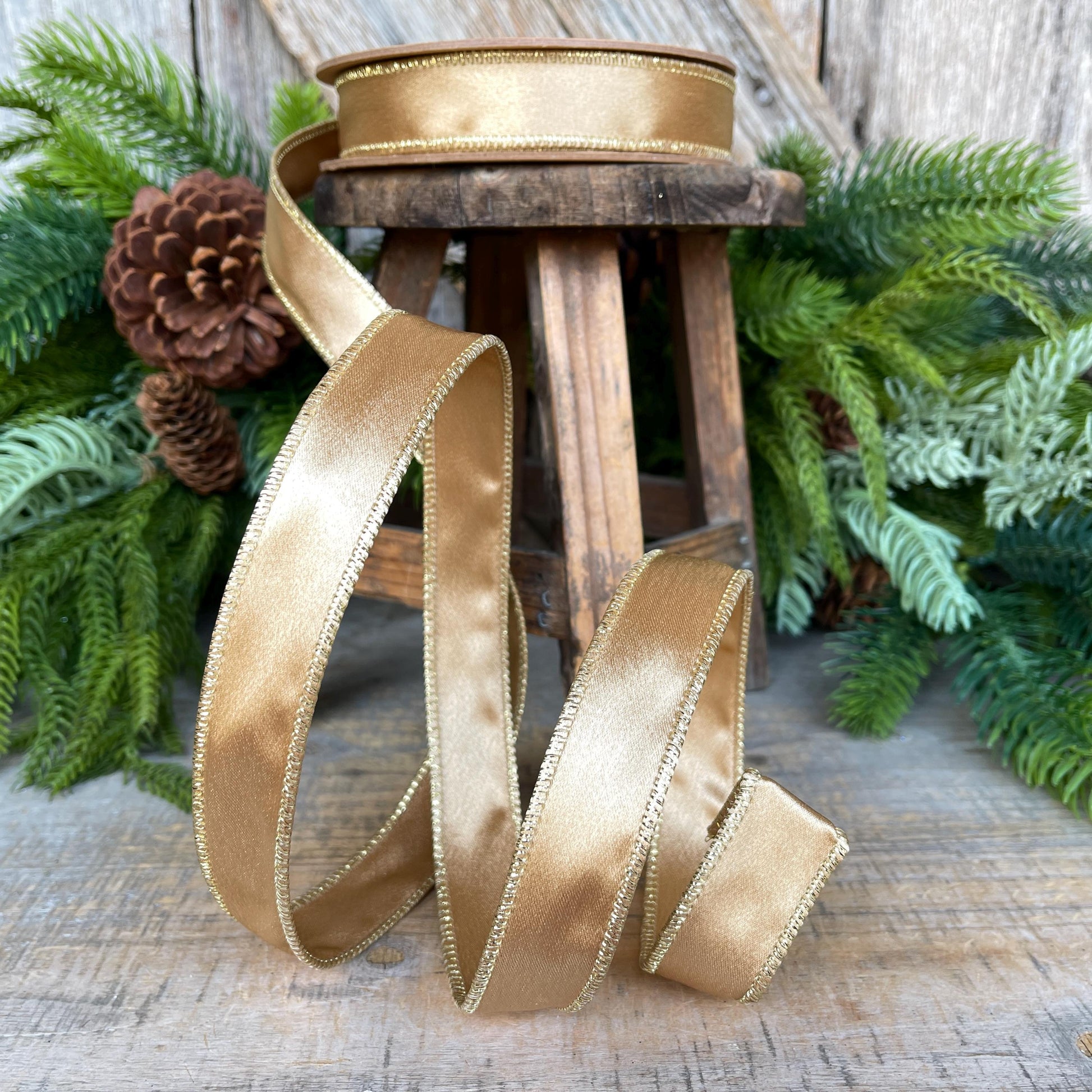 1" Gold Satin Ribbon, Gold Christmas Ribbon, Gold Shimmer Satin Ribbon, Wired Ribbon, Gold Ribbon
