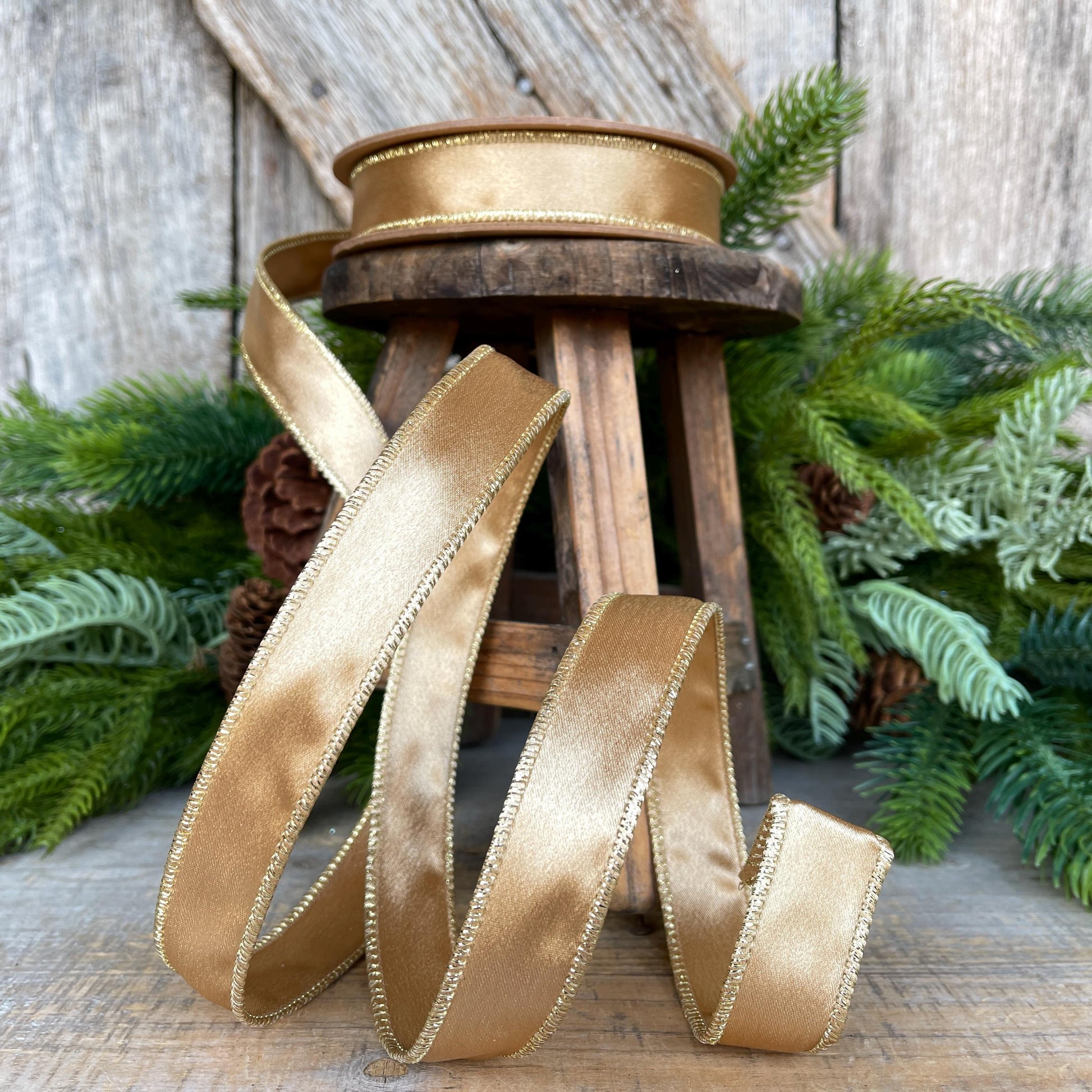 1" Gold Satin Ribbon, Gold Christmas Ribbon, Gold Shimmer Satin Ribbon, Wired Ribbon, Gold Ribbon