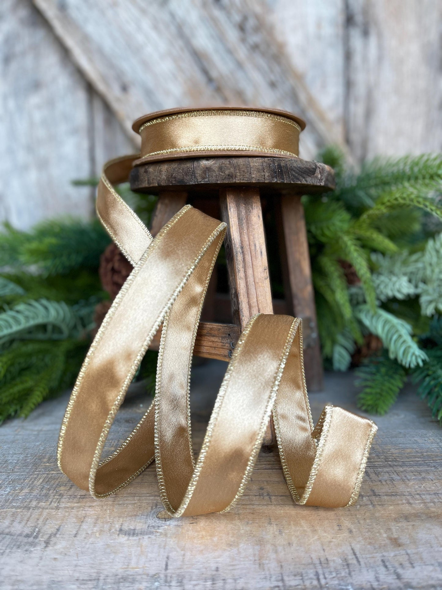 1" Gold Satin Ribbon, Gold Christmas Ribbon, Gold Shimmer Satin Ribbon, Wired Ribbon, Gold Ribbon