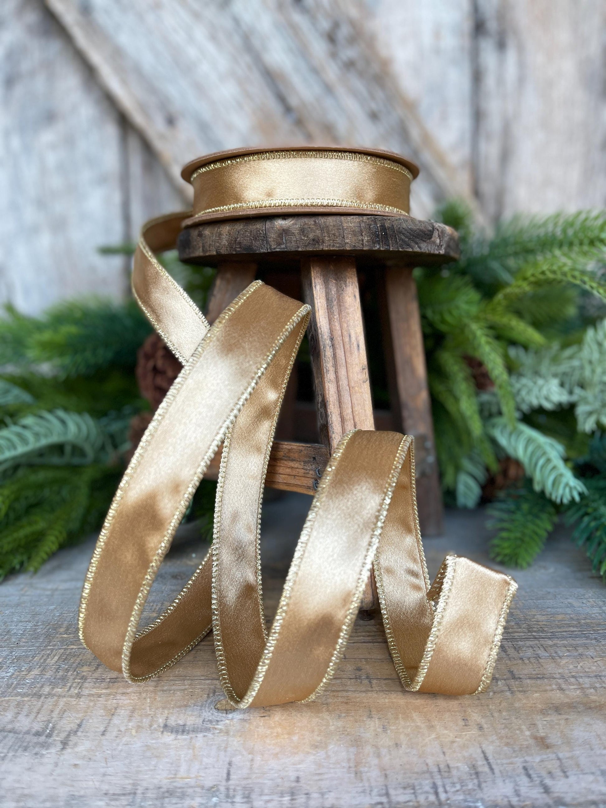 1" Gold Satin Ribbon, Gold Christmas Ribbon, Gold Shimmer Satin Ribbon, Wired Ribbon, Gold Ribbon