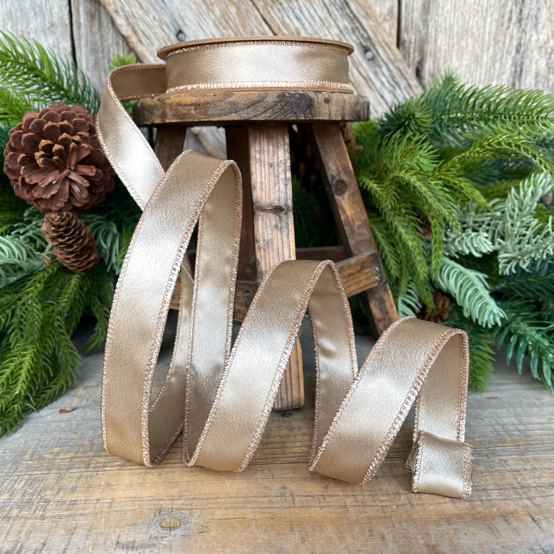 1" Champagne Gold Satin Ribbon, Christmas Ribbon, Shimmer Satin Ribbon, Wired Ribbon, Gold Ribbon