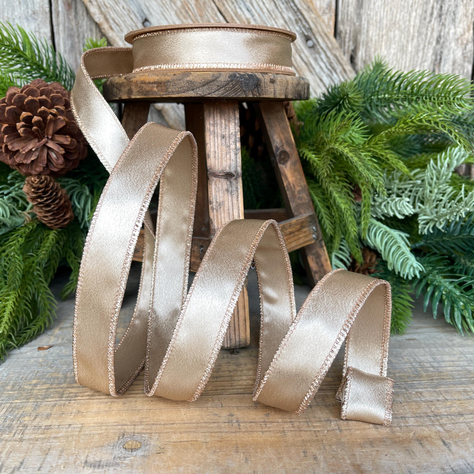 1" Champagne Gold Satin Ribbon, Christmas Ribbon, Shimmer Satin Ribbon, Wired Ribbon, Gold Ribbon