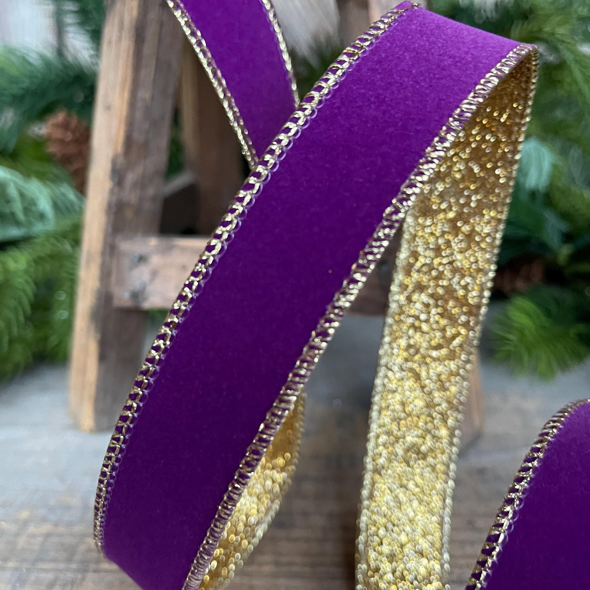 1" Purple Gold Gleam Ribbon, Farrisilk Ribbon, Wired Ribbon