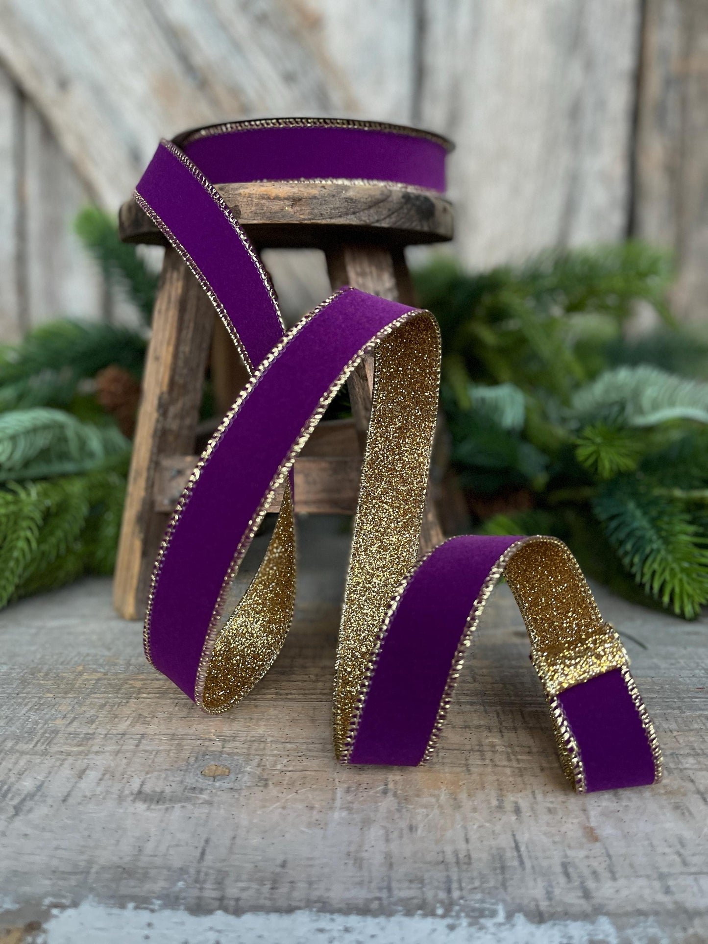 1" Purple Gold Gleam Ribbon, Farrisilk Ribbon, Wired Ribbon