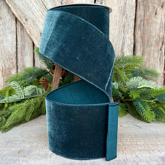 4" Dark Teal Velvet Luster RIbbon, Farrisilk Ribbon, Dark Teal Velvet RIbbon, Wired RIbbon, Designer RIbbon, Velvet Ribbon, RG804-19