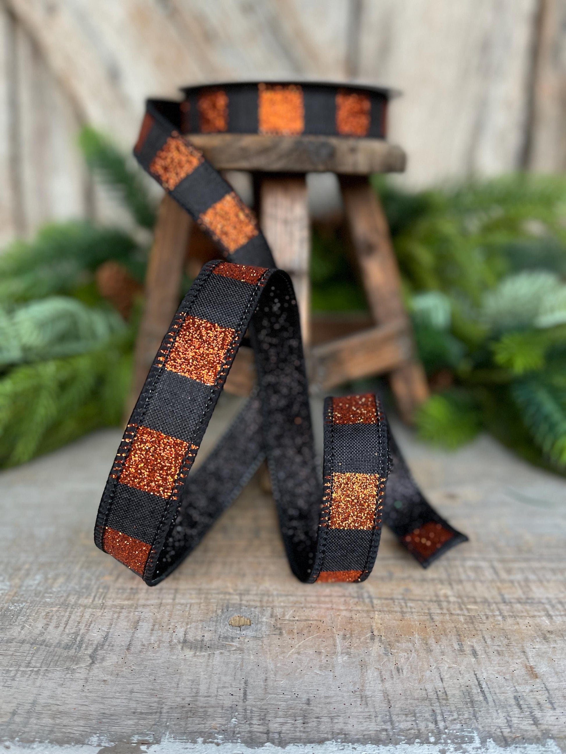 1" Black Orange Halloween Ribbon, Stripe Ribbon, Black Orange Glitter Ribbon