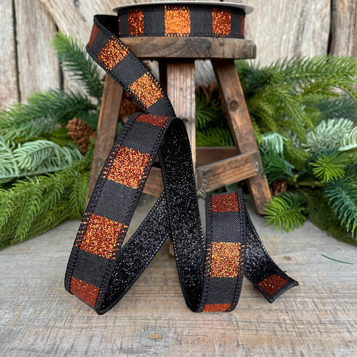 1" Black Orange Halloween Ribbon, Stripe Ribbon, Black Orange Glitter Ribbon