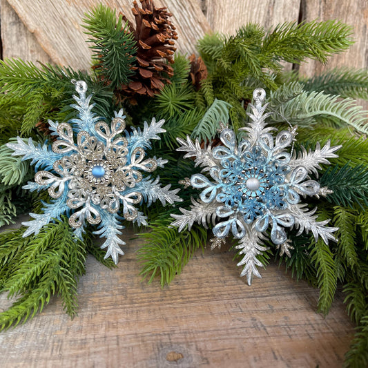 Set of 2 Blue Ornaments, Shatterproof Ornamnents, Blue Christmas Ornaments, Snowflake Ornaments