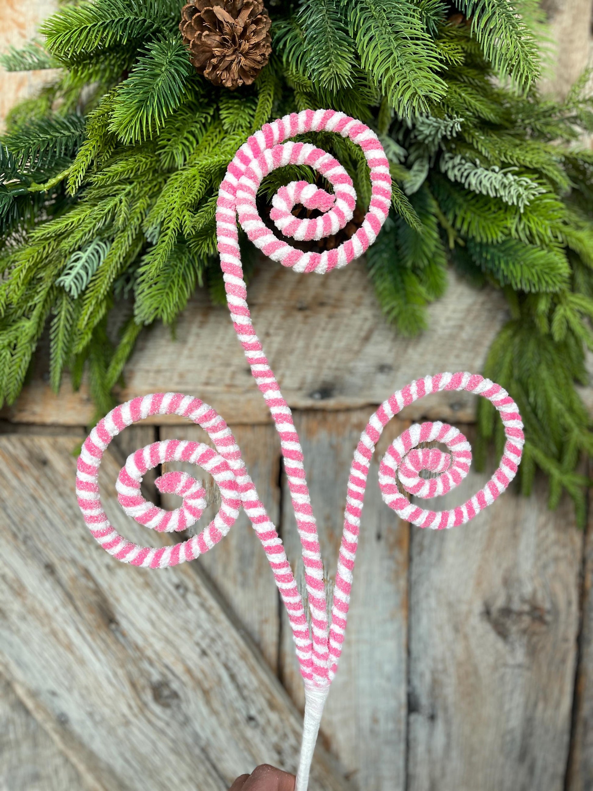 31" Pink White Curly Spray, Pink Christmas Spray, Candy Cane Curly Spray, 84122PKWT