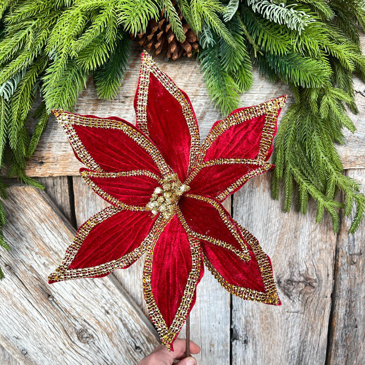 Red Velvet Poinsettia with Gold Trim - Christmas Tree Floral Decor