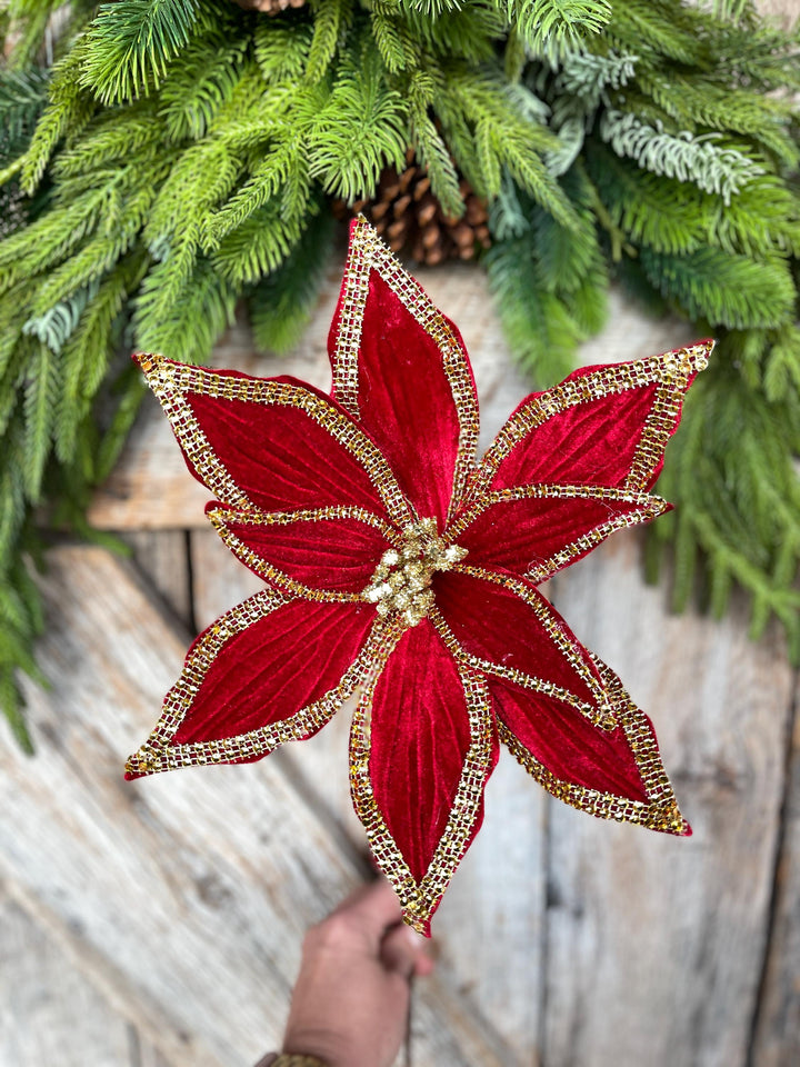 Red Velvet Poinsettia with Gold Trim - Christmas Tree Floral Decor