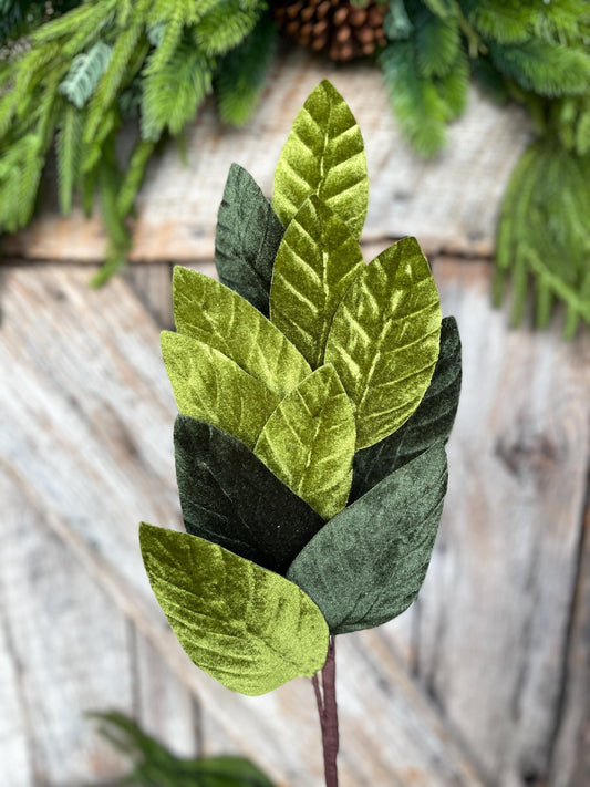 25" Green Velvet Leaf Spray, Forest Green Velvet Spray, Christmas Tree Spray, Green Magnolia Leaf Spray, 84602SP25
