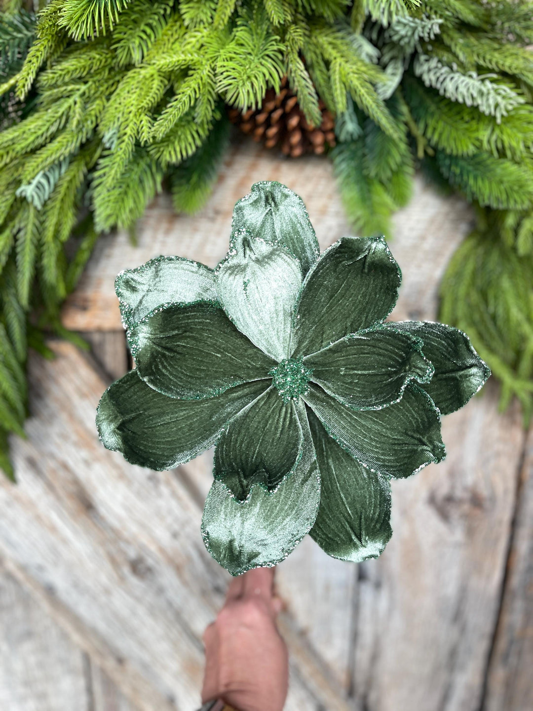 Mint Green Velvet Magnolia Stem: 24" Christmas Floral Pick