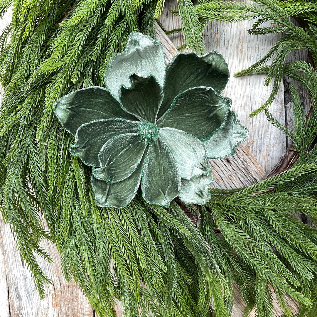 Mint Green Velvet Magnolia Stem: 24" Christmas Floral Pick