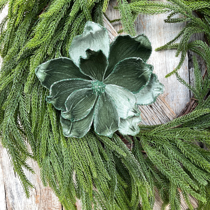 Mint Green Velvet Magnolia Stem: 24" Christmas Floral Pick