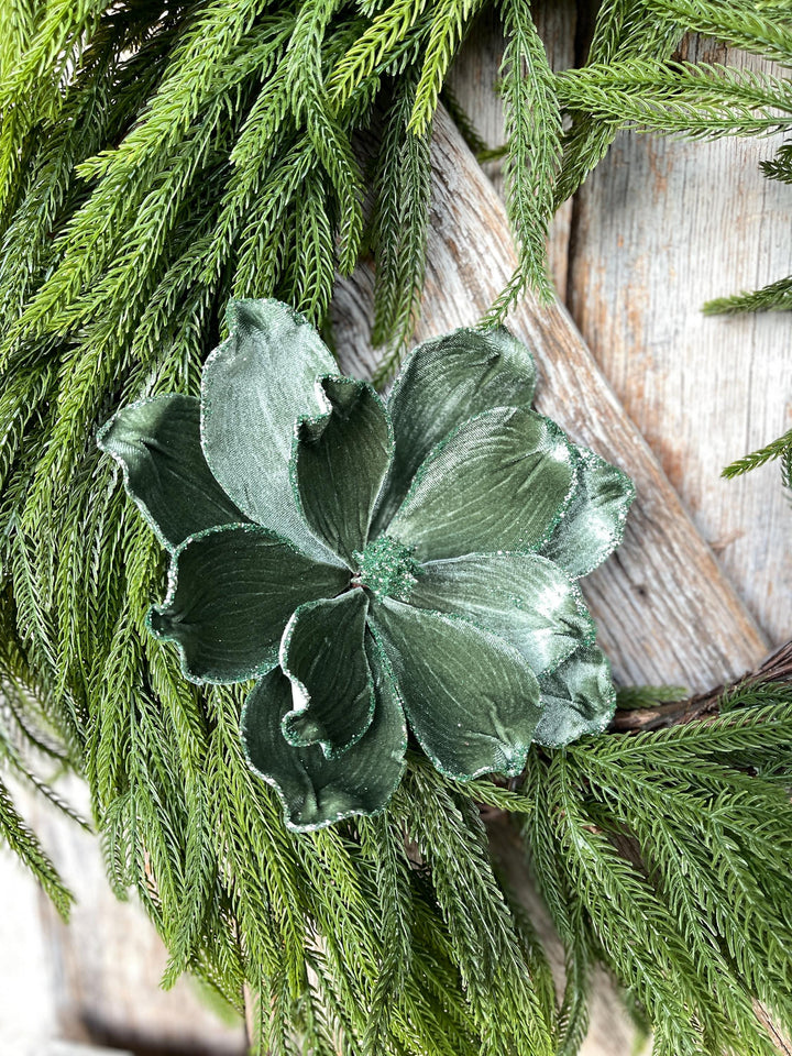 Mint Green Velvet Magnolia Stem: 24" Christmas Floral Pick