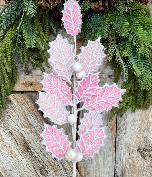 31" Pink White Holly Leaf Spray, Christmas Holly Leaf Floral Stem, Pink Floral Picks Stems
