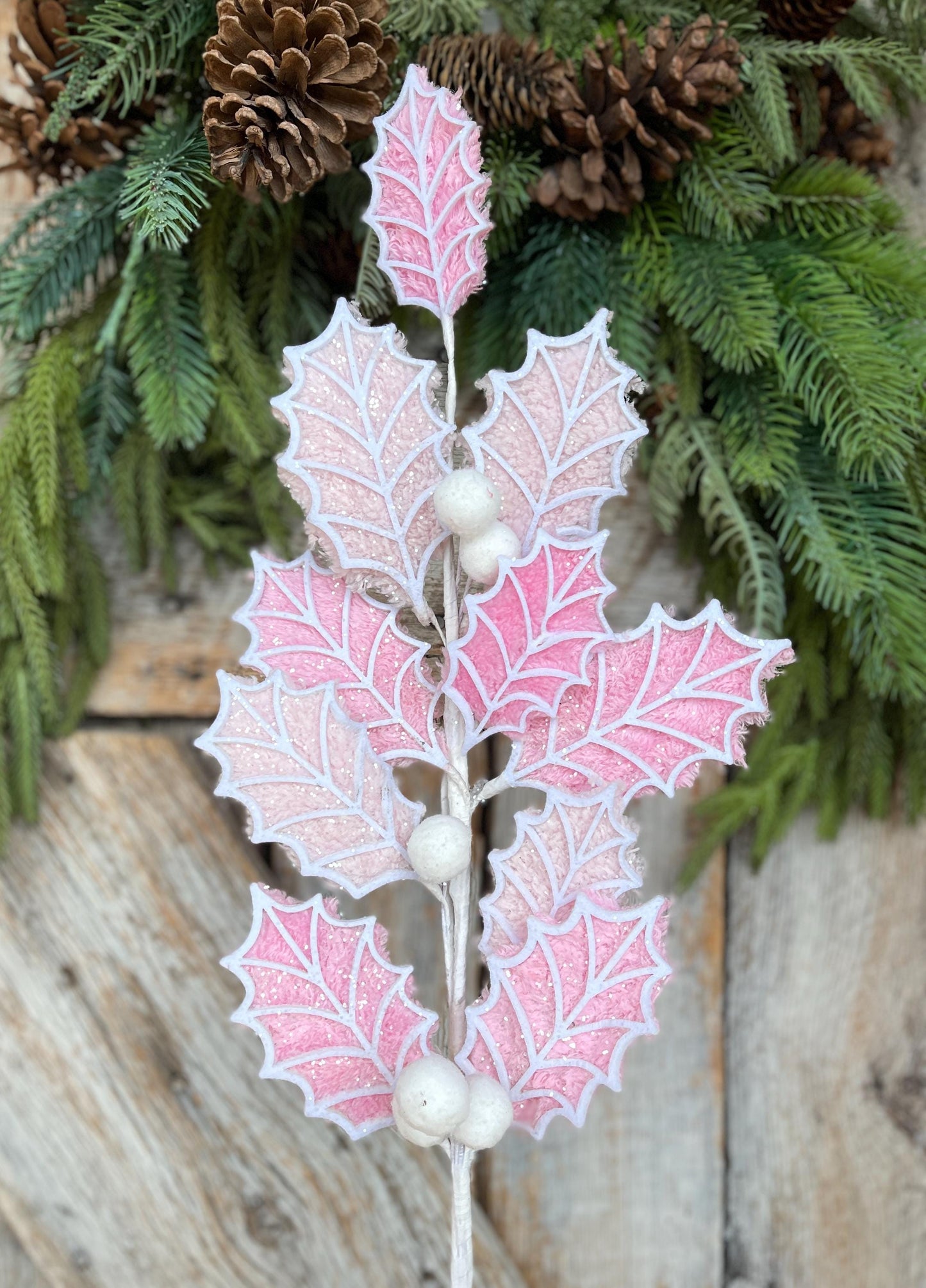 31" Pink White Holly Leaf Spray, Christmas Holly Leaf Floral Stem, Pink Floral Picks Stems