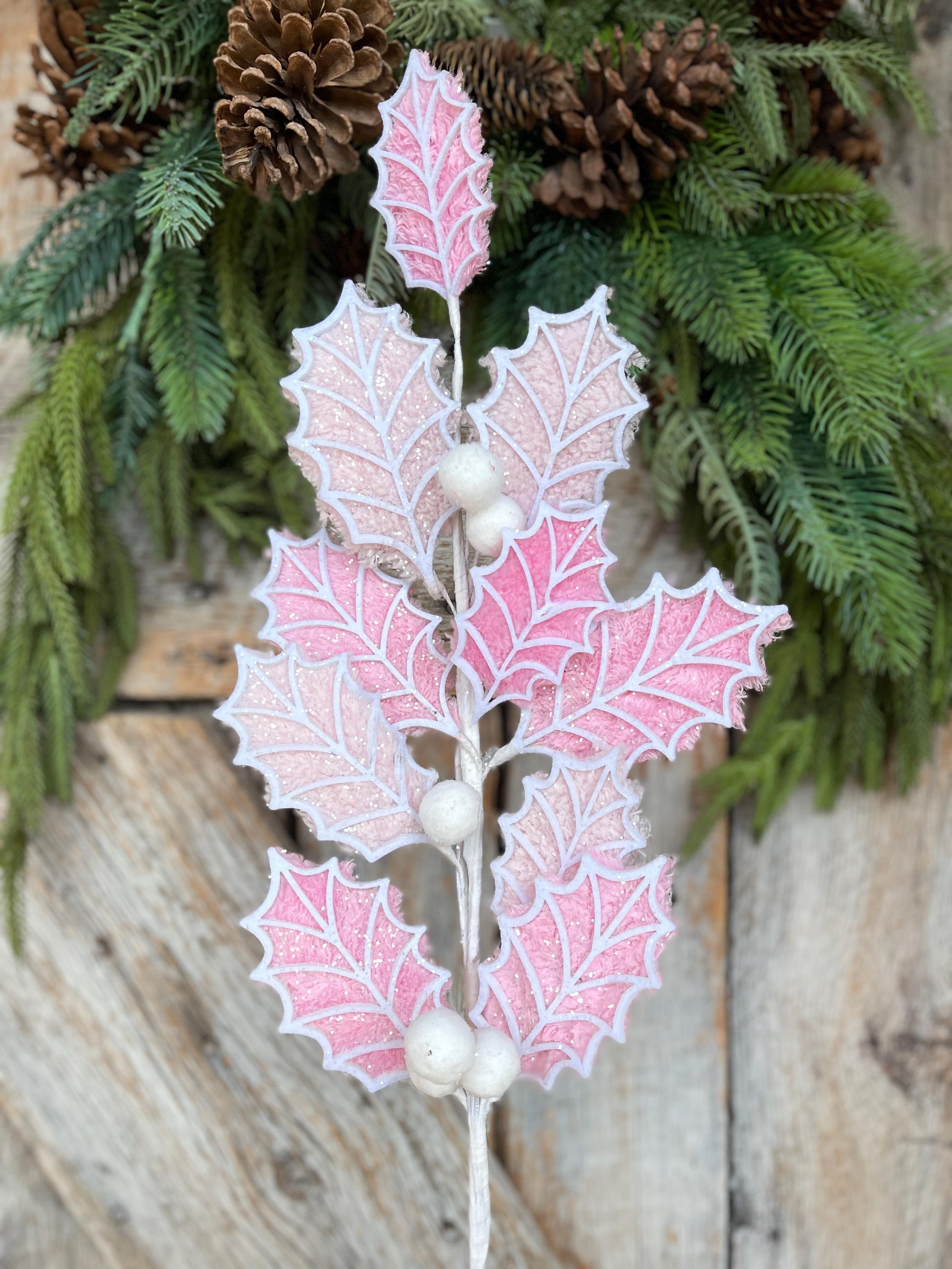 31" Pink White Holly Leaf Spray, Christmas Holly Leaf Floral Stem, Pink Floral Picks Stems