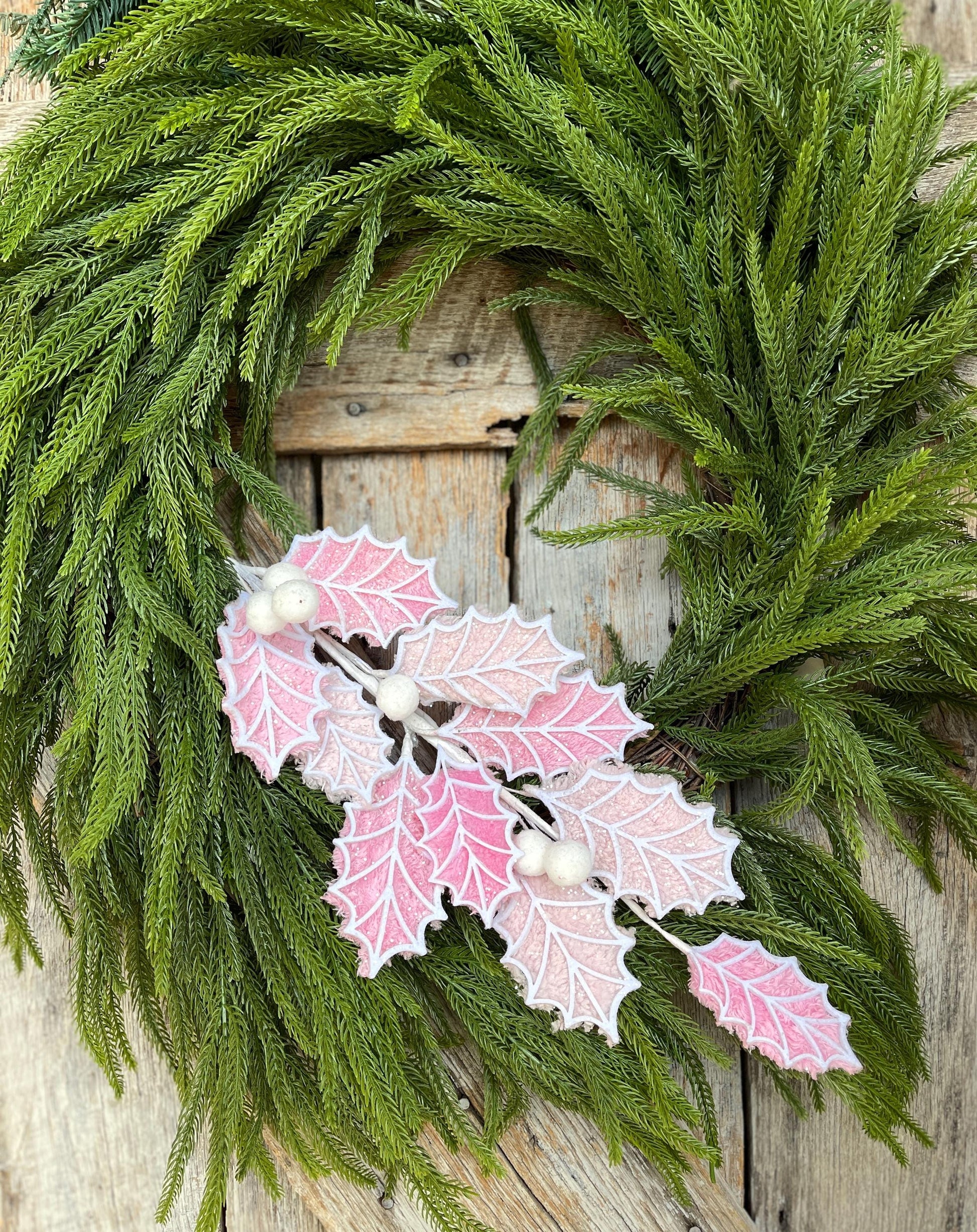31" Pink White Holly Leaf Spray, Christmas Holly Leaf Floral Stem, Pink Floral Picks Stems