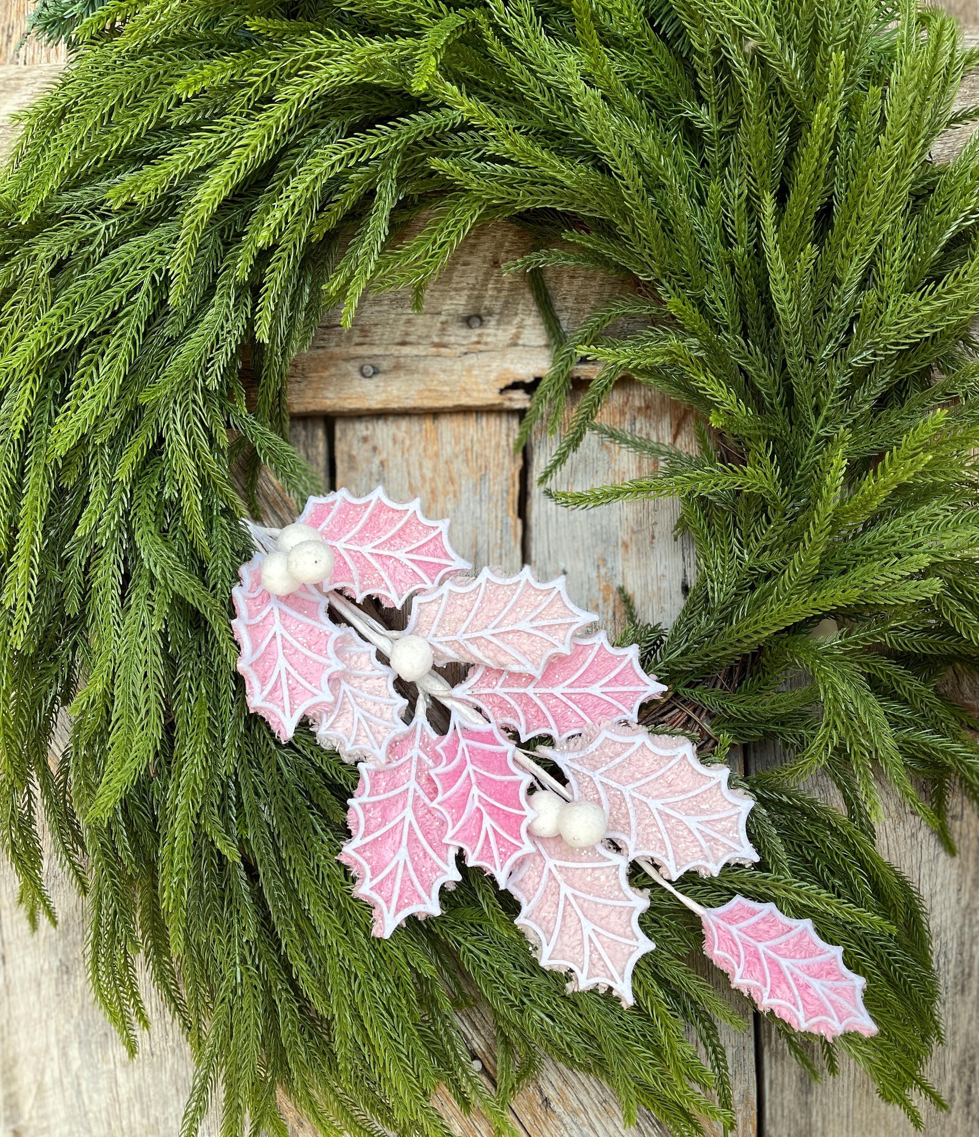 31" Pink White Holly Leaf Spray, Christmas Holly Leaf Floral Stem, Pink Floral Picks Stems