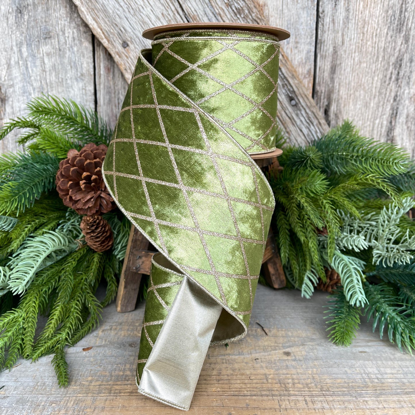 4" Moss Green & Gold Velvet Ribbon, Green Harlequin Christmas Ribbon, Green Diamond Velvet Ribbon