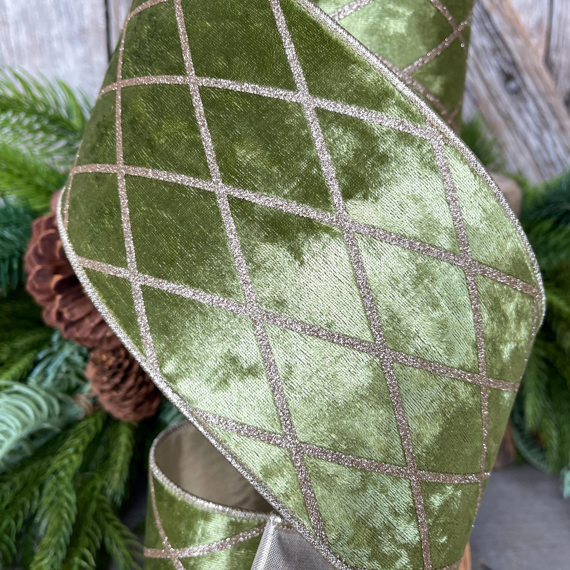4" Moss Green & Gold Velvet Ribbon, Green Harlequin Christmas Ribbon, Green Diamond Velvet Ribbon