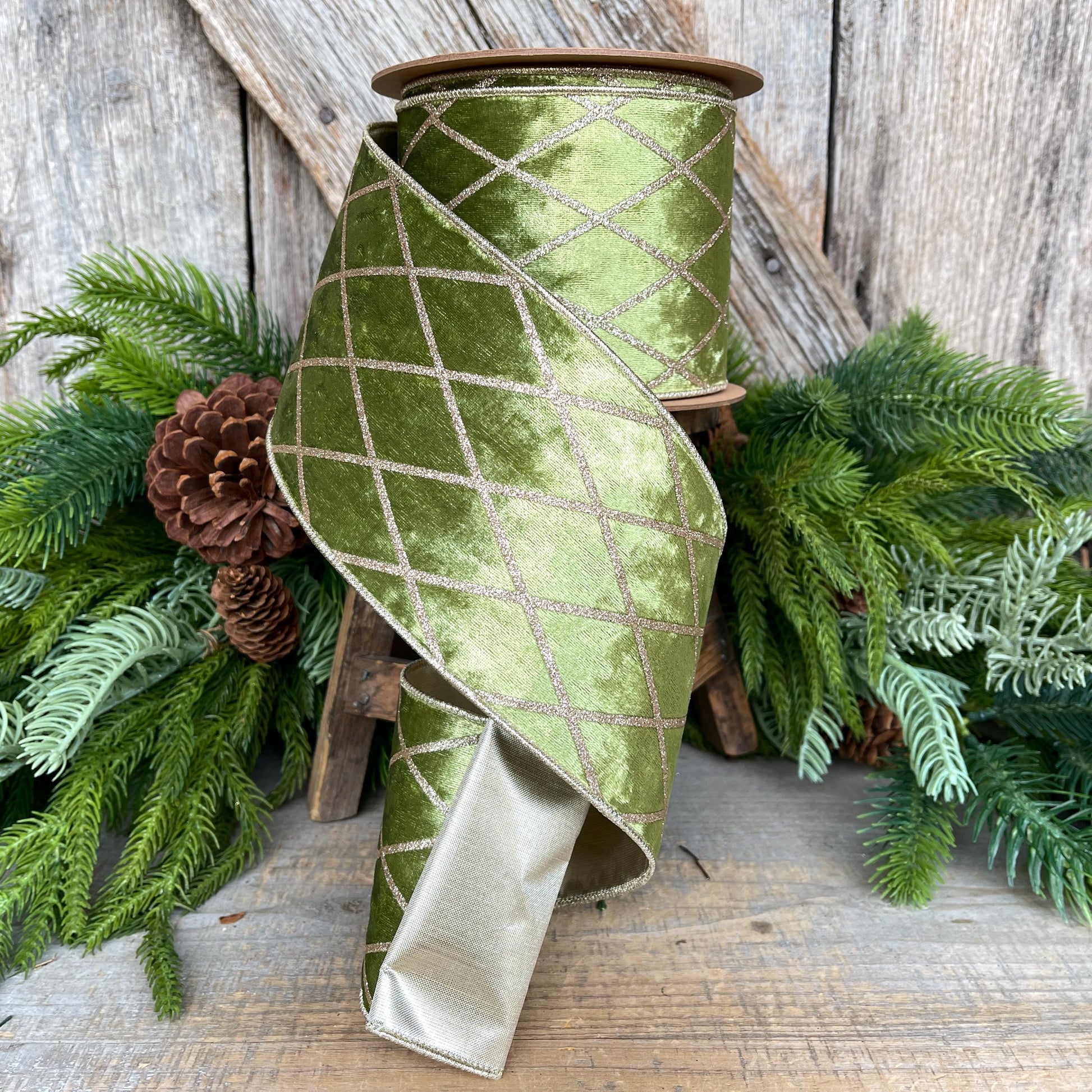 4" Moss Green & Gold Velvet Ribbon, Green Harlequin Christmas Ribbon, Green Diamond Velvet Ribbon