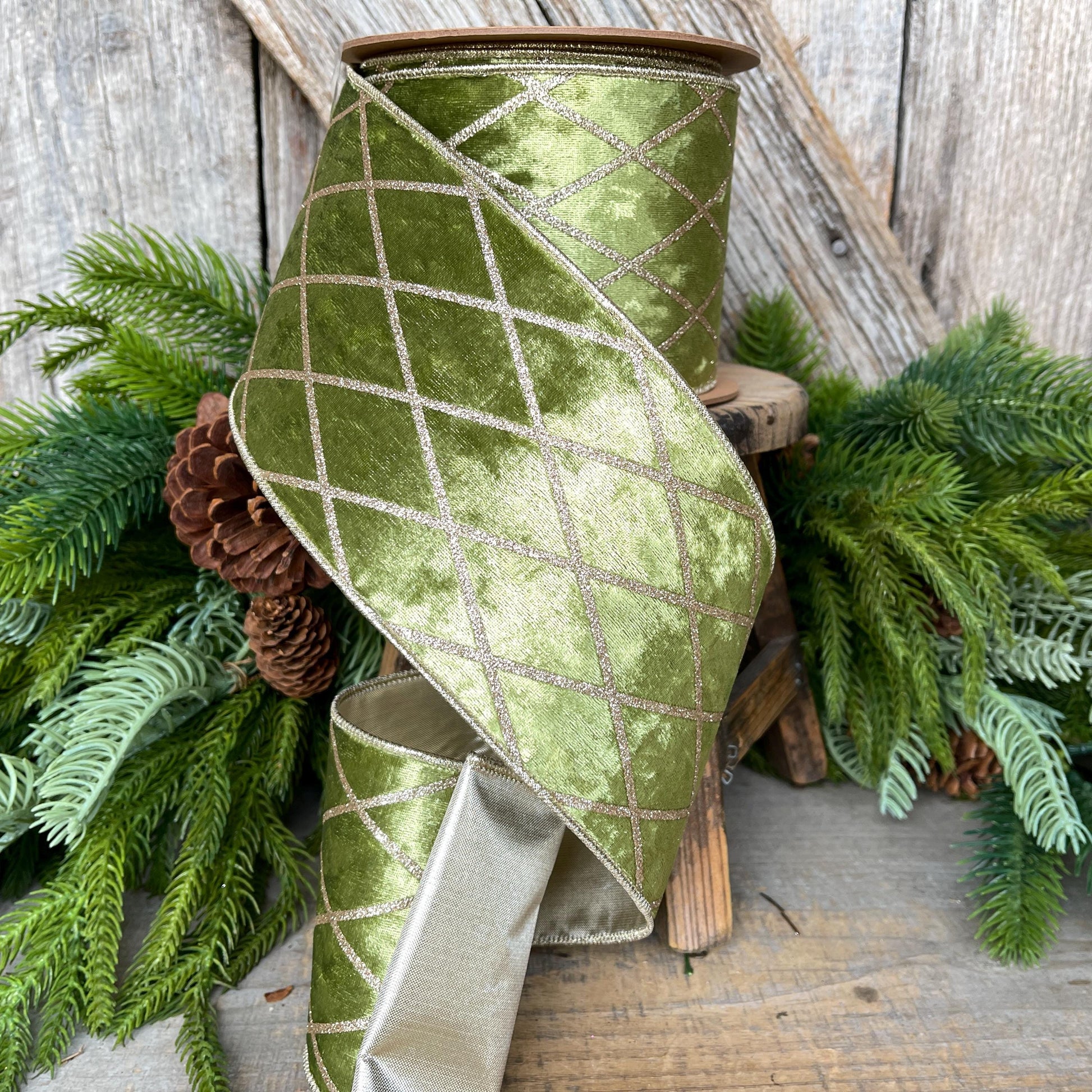 4" Moss Green & Gold Velvet Ribbon, Green Harlequin Christmas Ribbon, Green Diamond Velvet Ribbon