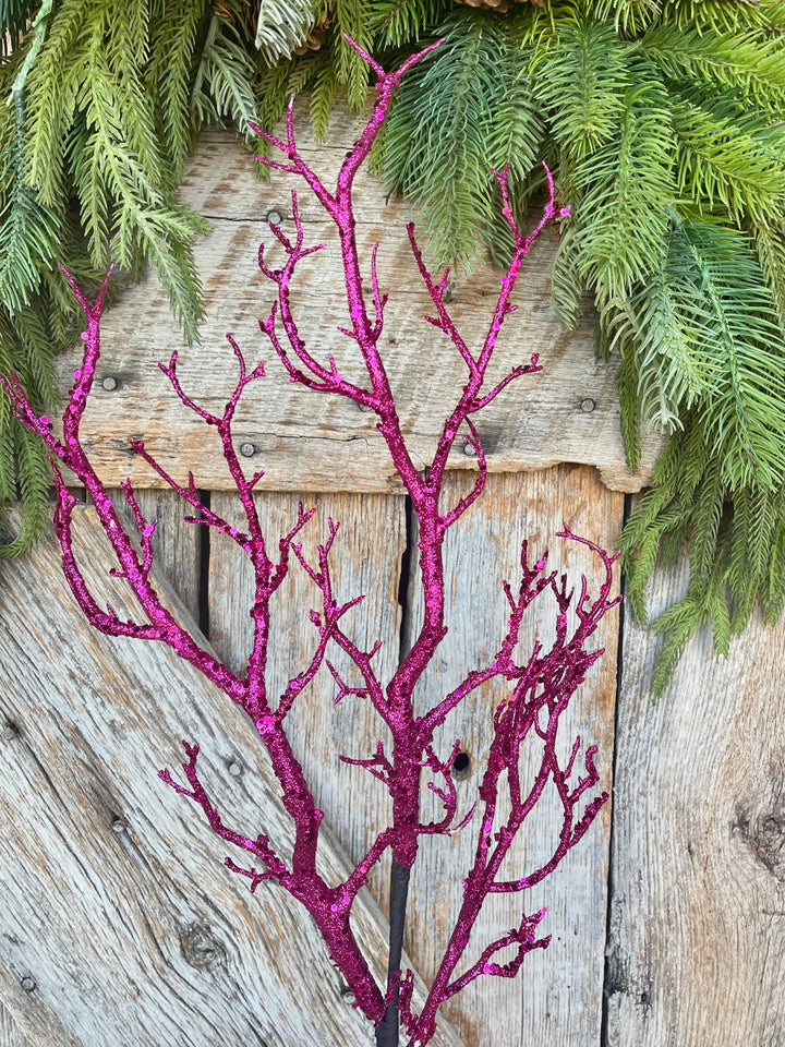 Hot Pink Glitter Halloween Twig Spray: 31" Halloween Picks Stems
